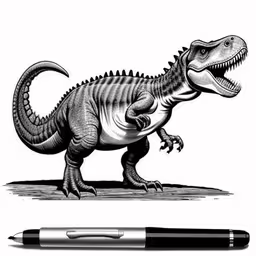 an dinosaur with its mouth open and a pen resting on the ground,a pencil and an image of a t - rex
