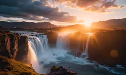 the sun is setting over the waterfall, and the water is flowing