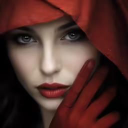 a woman with red make up and gloves covering her face