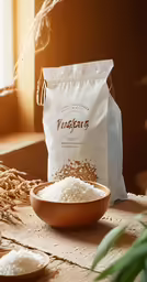 a brown wooden table topped with a bag of rice