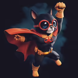 a little cute cat hero flying through the air