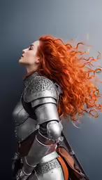 an redhead woman in armor looking into the sky