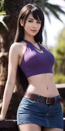 a woman in a purple top is leaning on a rail