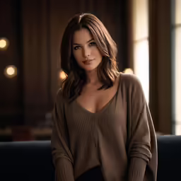 a beautiful young woman leaning on a couch