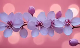two pink flowers are blooming on a branch