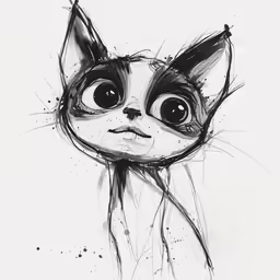 an ink drawing of a cat with eyes wide open