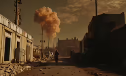 a person standing on a road with some smoke coming from the sky