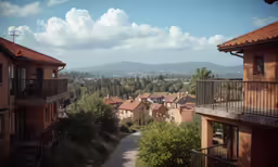 a village street with apartment buildings in the foreground and mountains in the background