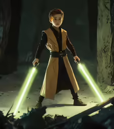 a child dressed as darth vader is standing in the woods