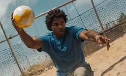 man holding a volley ball on sandy surface