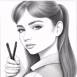 a pencil drawing of a girl holding a pen