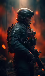 a man in full uniform with a machine gun