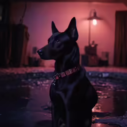 a dog is sitting near a lamp in the living room