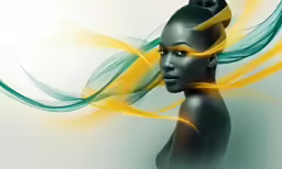 a woman with an abstract hair design and feathers