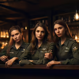three female soldiers stand beside a bar and pose for the camera