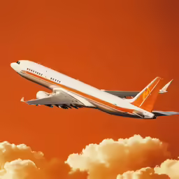 an orange white airplane and clouds and a red sky