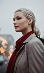 a woman with blonde hair wearing a brown coat and red neck scarf