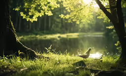 a single bird sitting on the grass next to a tree