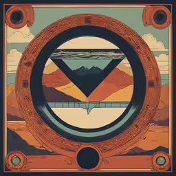 a vintage poster shows mountains and hills,an old poster of a circular landscape with mountains and a sky in the background