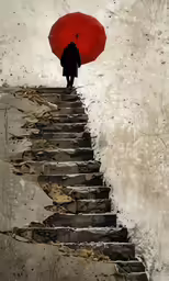 a person holding an umbrella stands on the steps to the water