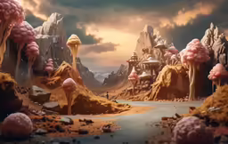 an alien land with pink trees and rocks