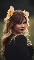 a woman with blonde hair and flowers in her hair