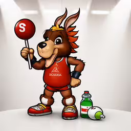 a drawing of a donkey holding a lollipop,an animal with a sign, bottles and other items
