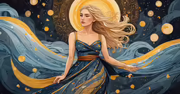 a woman in a blue dress is walking through space