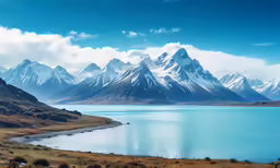 the majestic mountains are covered in snow on a cloudy day