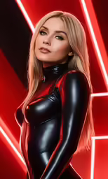 a woman wearing black latex with a high collar and tight tight
