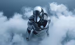 a white motorcycle is standing in the clouds