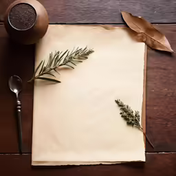 a paper, spoon and cup of seasoning on top of a table