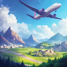 the airplane is flying high above the city