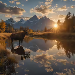 a cow is standing in a river looking into the distance