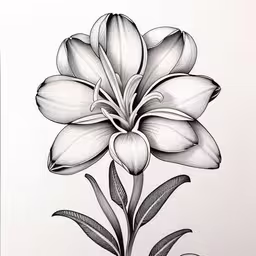 a black and white flower is shown on the paper,a drawing of a lily flower on a white paper