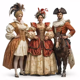 three people in period costumes standing next to a horse