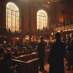 a group of people standing in an auditorium