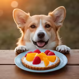 a small dog laying behind a plate of fruit