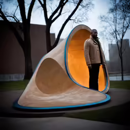 a person stands in front of a large cone shaped sculpture
