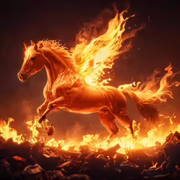 a horse with long orange hair running on fire