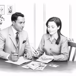two people sitting at a table working on paperwork