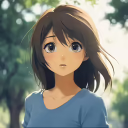 a girl in a blue shirt with trees in the background