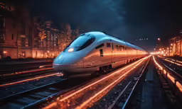 a very fast train travels down the tracks at night