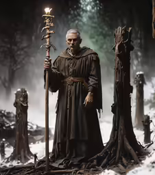 a man holding a stick in front of two statues