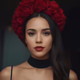 an artistic photo of a woman with a red rose in her hair