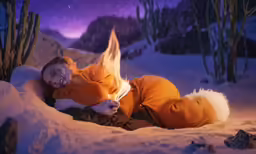 a smiling woman laying down next to an open fire