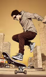 a boy is skating on a skateboard while the sun shines through buildings,a young skateboarder jumps into the air