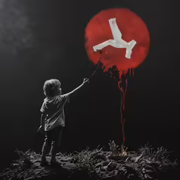 a boy that is standing next to a red object