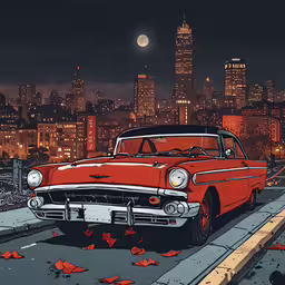 an image of a classic car driving down the street,an art print shows an old red car parked in the city at night
