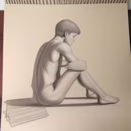 a pencil drawing of a naked man sitting on the floor,a drawing of a person sitting in the middle of a floor